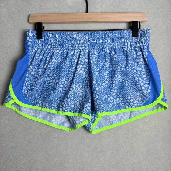 Nike Women's Dri-Fit Tempo Running Shorts Blue with Green Trim Elastic Waist M - Picture 1 of 8